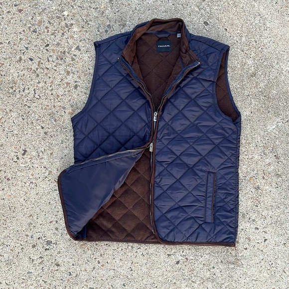 TAHARI Quilted Vest Zipper Pockets Navy Blue Brown Trim Size XXL New NWT - Picture 1 of 9